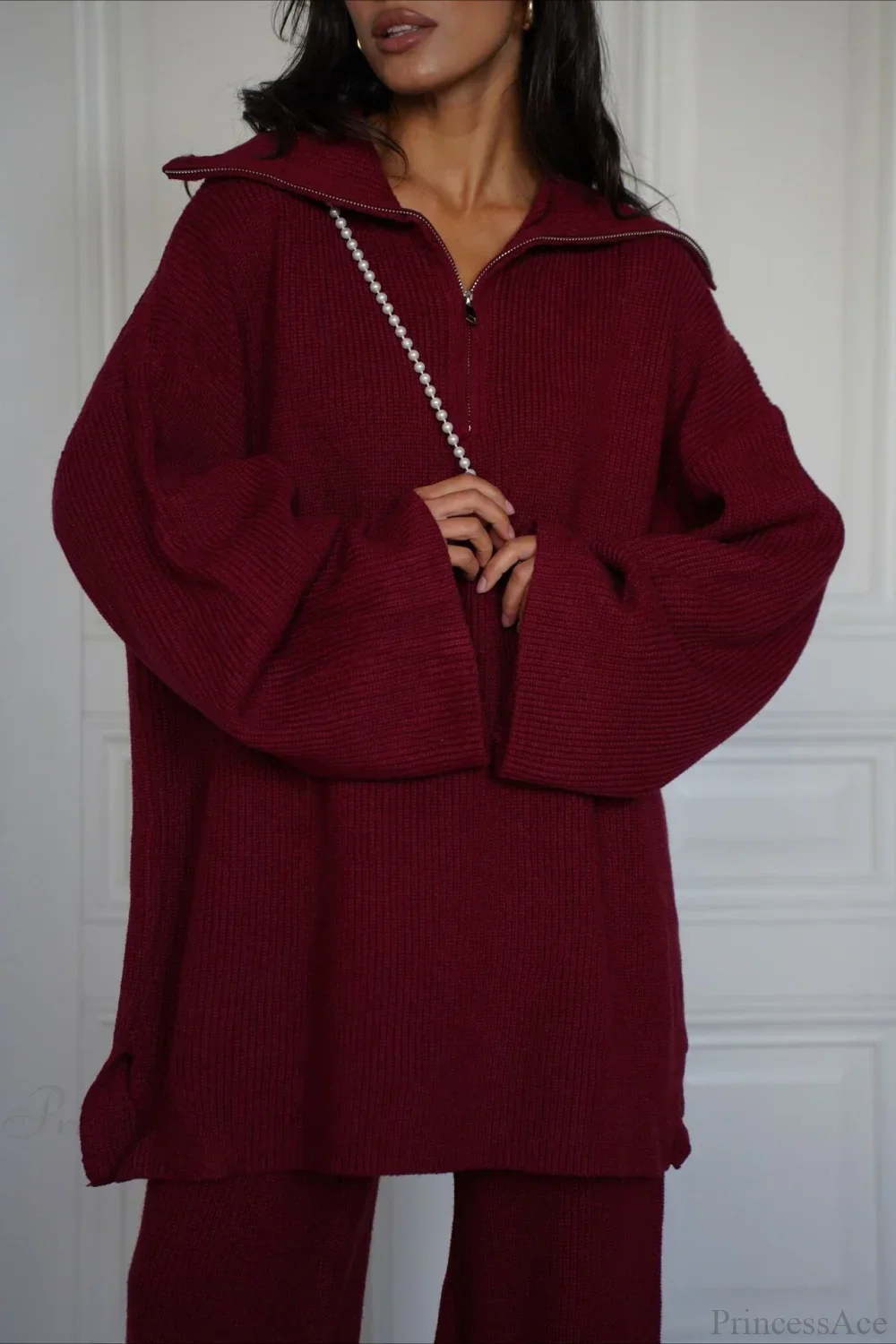 casual Solid Angora Red Half-Zip Knit Two Piece Set - Image 5