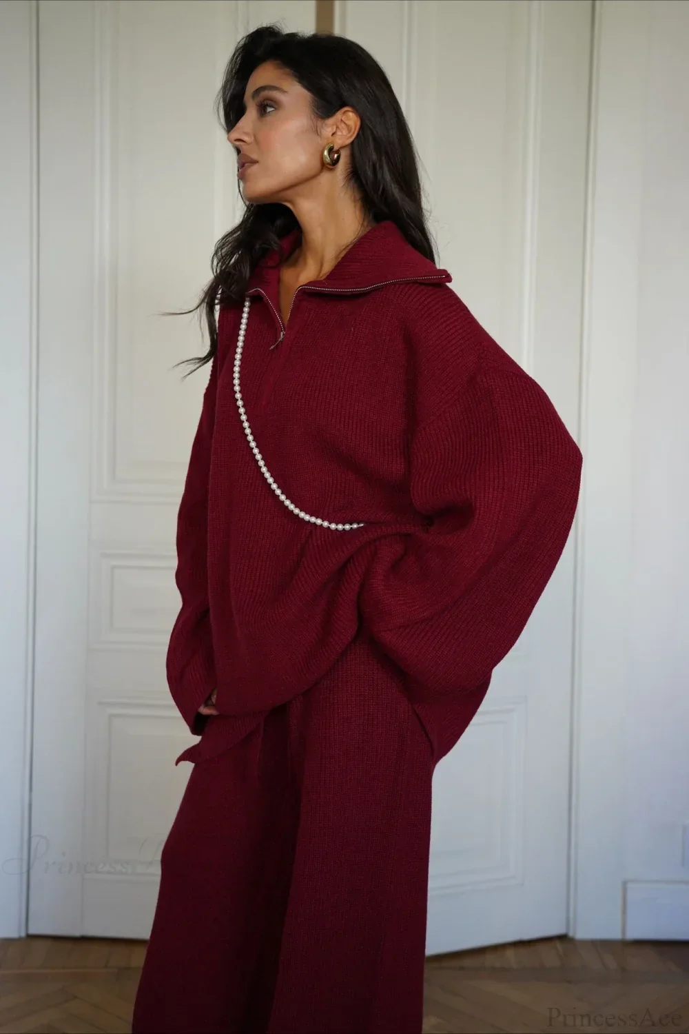 casual Solid Angora Red Half-Zip Knit Two Piece Set - Image 6