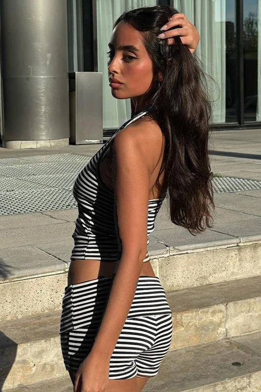 Casual Striped Halter Cuff Hem Two Piece Set - Image 4