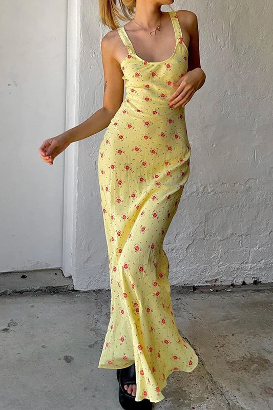 Casual U Neck Floral Print Ruched Cami Maxi Dress - Image 2