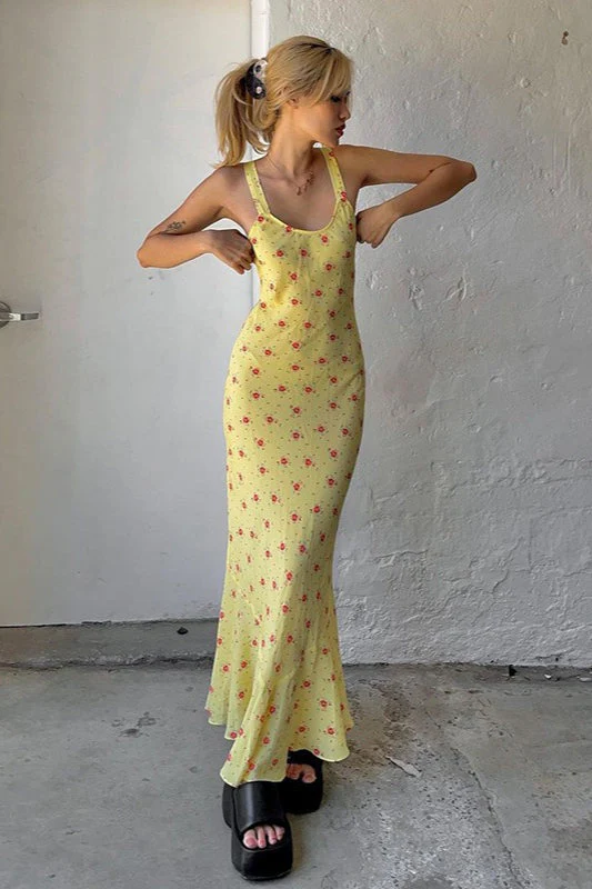 Casual U Neck Floral Print Ruched Cami Maxi Dress - Image 3
