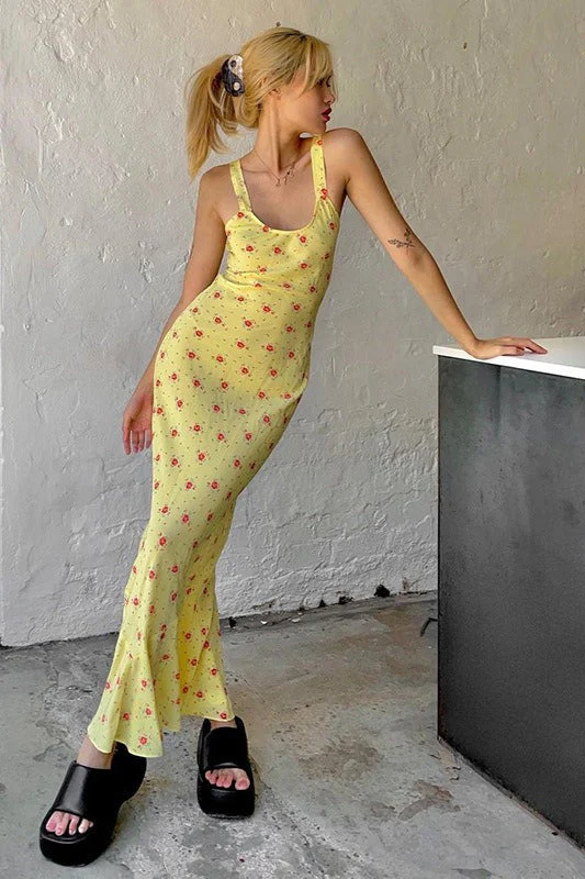 Casual U Neck Floral Print Ruched Cami Maxi Dress - Image 4