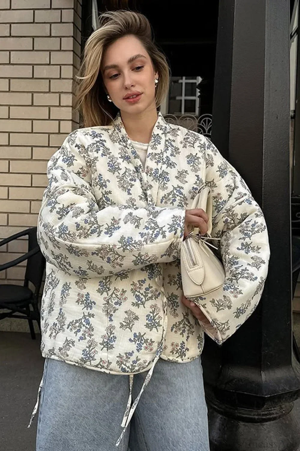 Casual Versatile Printed V-Neck Drawstring Padded Coat - Image 2
