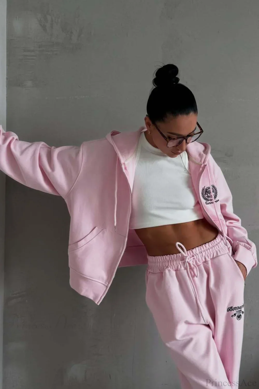 Casual Zip Hooded Embroidered Sweatpants Two Piece Set - Image 5