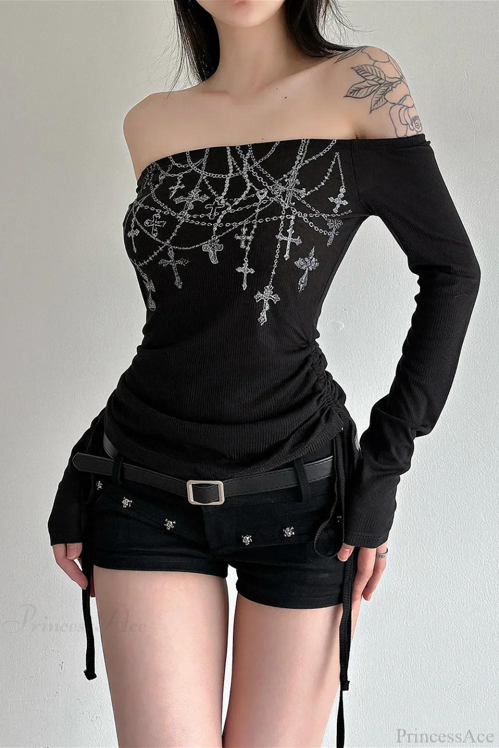 Chain Print Off-Shoulder Long Sleeve Tee - Image 2