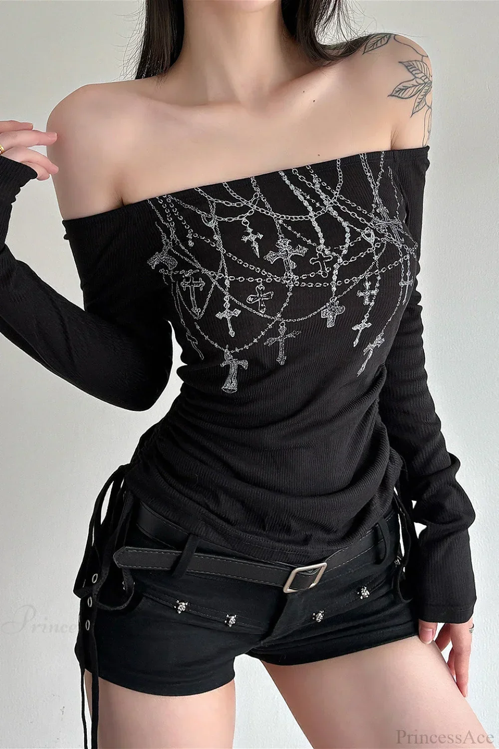 Chain Print Off-Shoulder Long Sleeve Tee - Image 3