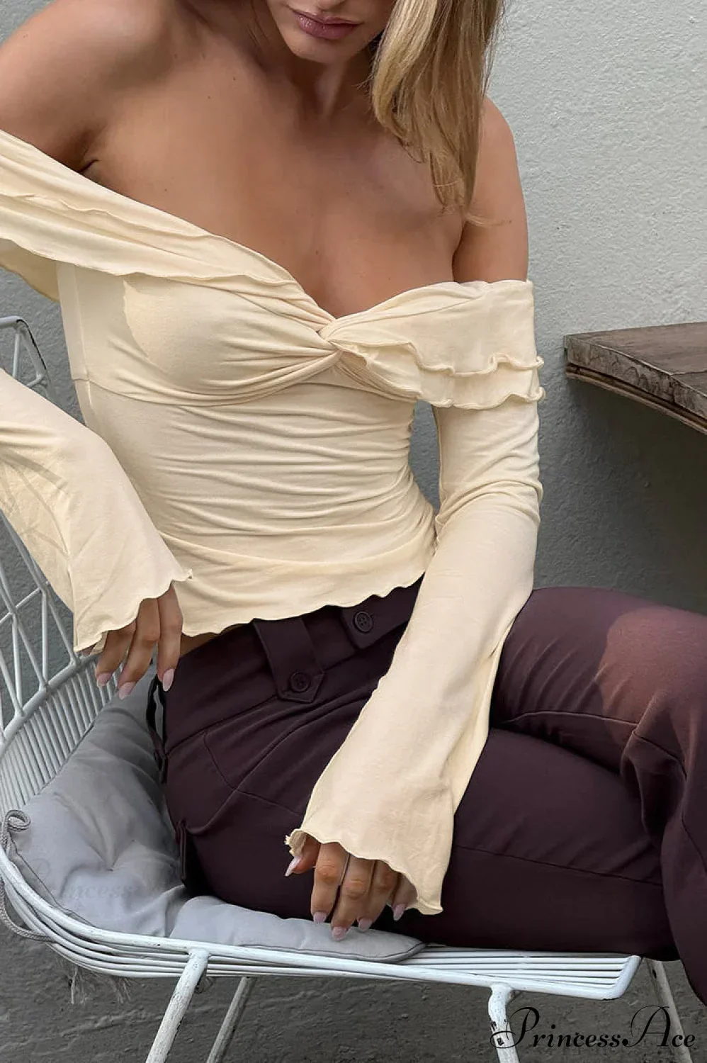 Champagne Ruffled Off Shoulder Modal Long Sleeve Tee - Image 2