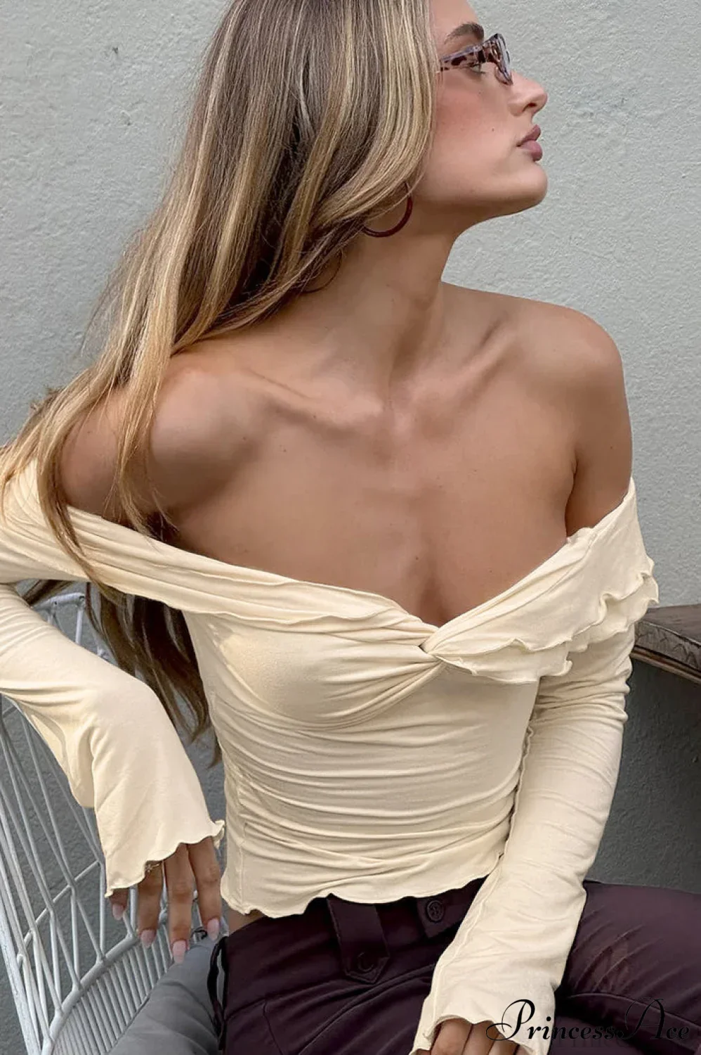 Champagne Ruffled Off Shoulder Modal Long Sleeve Tee - Image 3