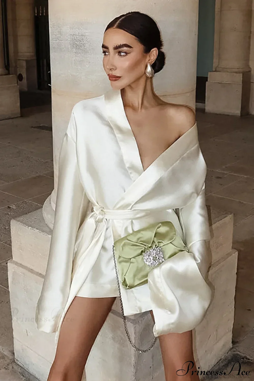 Champagne Satin Tie Waist Long Sleeve V Neck A Line Mini Dress - Image 2
