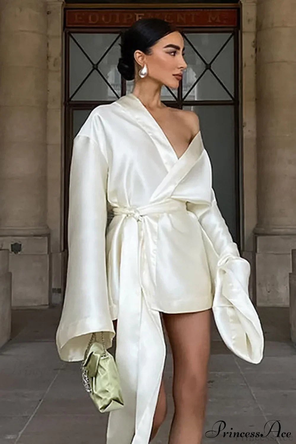 Champagne Satin Tie Waist Long Sleeve V Neck A Line Mini Dress - Image 3