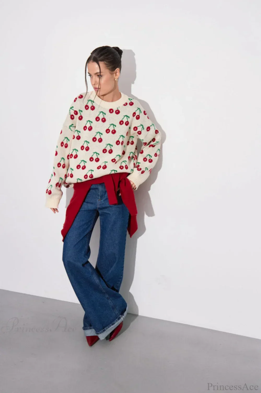 Cherry Crew Neck Mid Length Knit Sweater - Image 2
