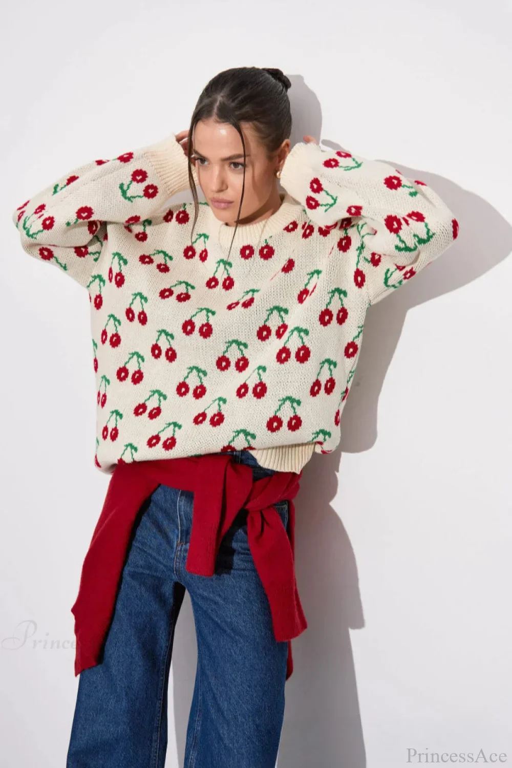 Cherry Crew Neck Mid Length Knit Sweater - Image 3