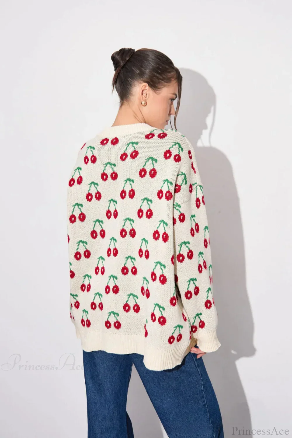 Cherry Crew Neck Mid Length Knit Sweater - Image 4