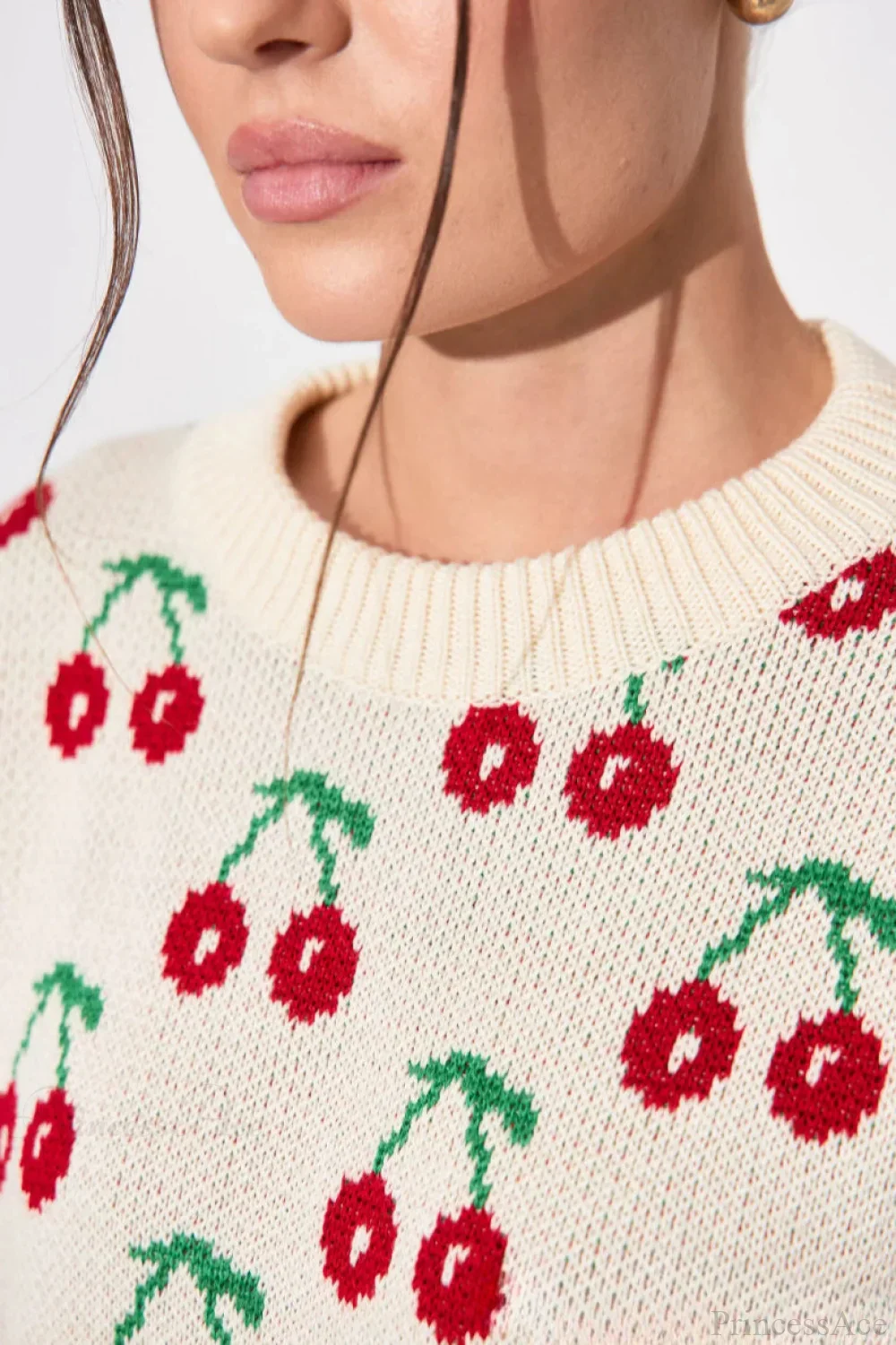 Cherry Crew Neck Mid Length Knit Sweater - Image 5