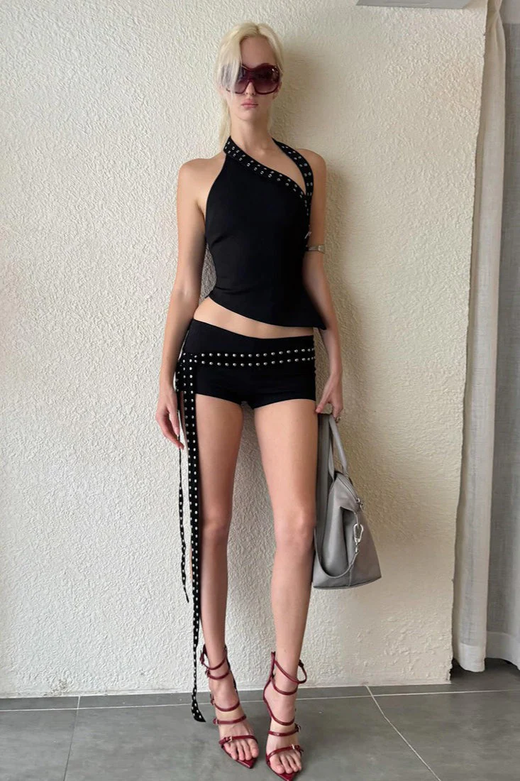 Chic Asymmetric Shoulder Slim Shorts Two Piece Set - Image 3