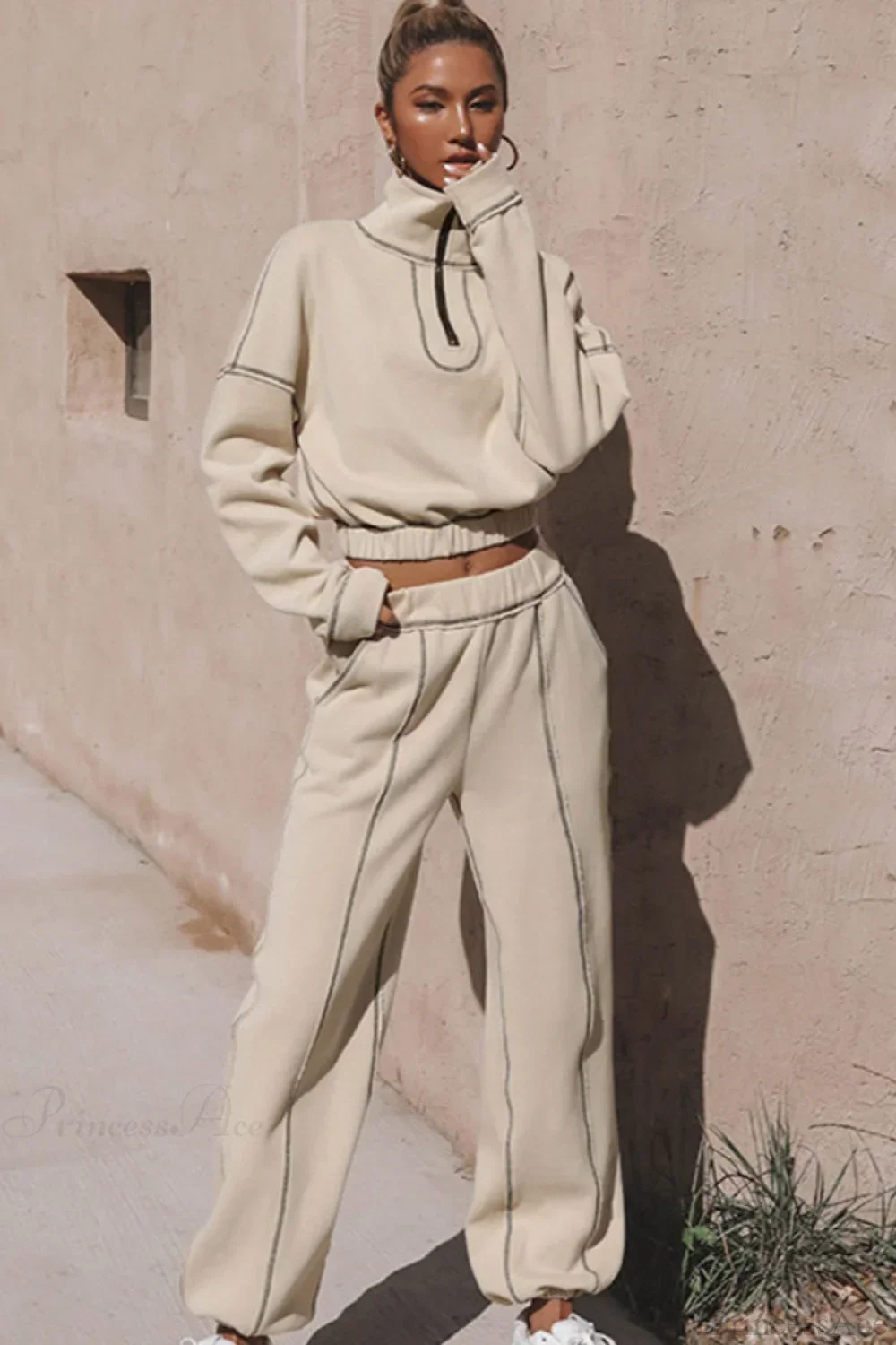 Chic Athleisure Stand Collar Sweatshirt Elastic Jogger Two Piece Set - Image 2
