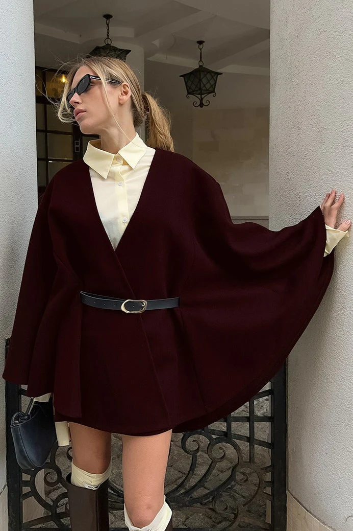 Chic Bell Sleeve V-Neck Solid Wool Coat - Image 3