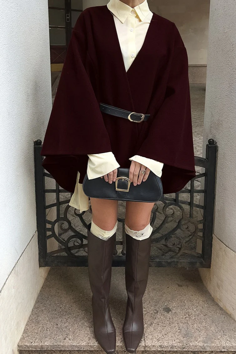 Chic Bell Sleeve V-Neck Solid Wool Coat - Image 4