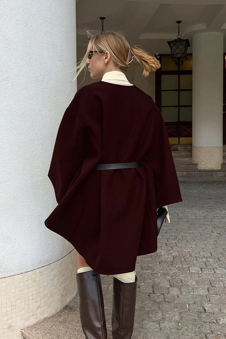 Chic Bell Sleeve V-Neck Solid Wool Coat - Image 5