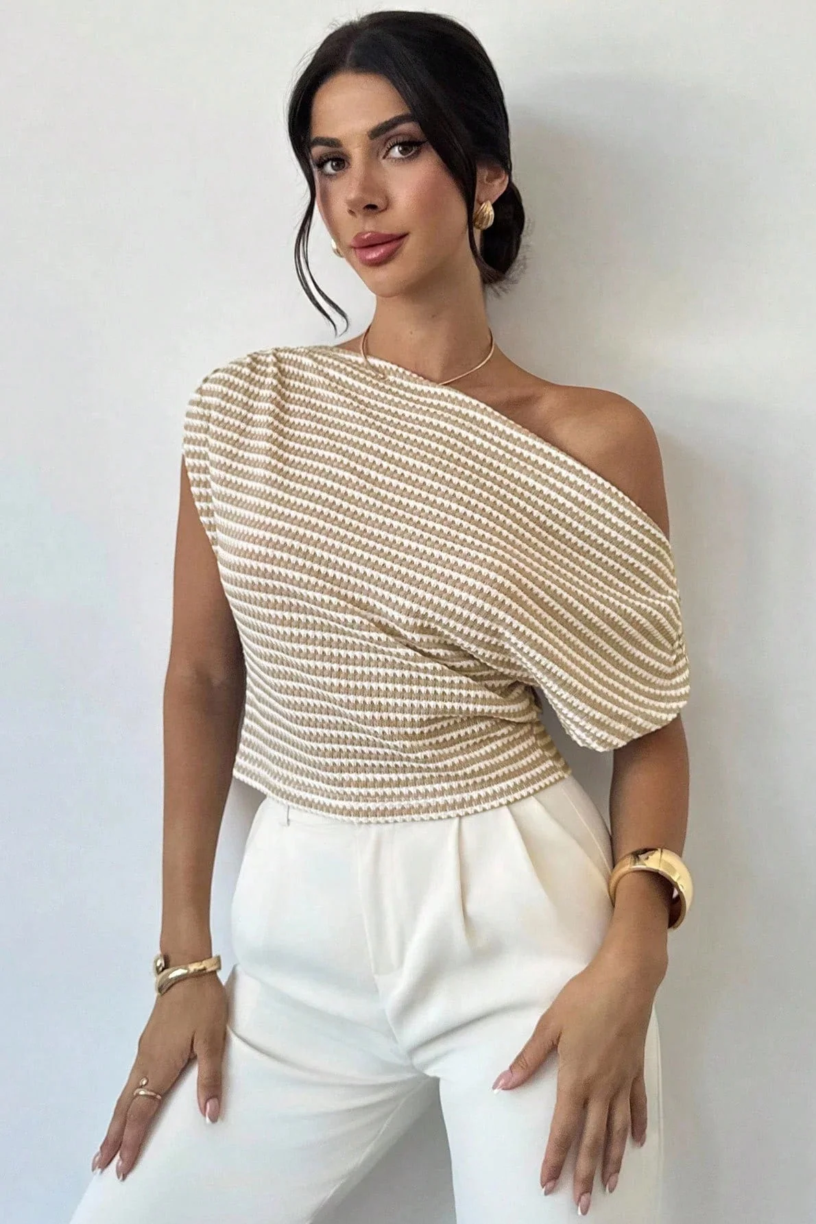 Chic Cold Shoulder Stripe Short Sleeve Knit Blouse - Image 2