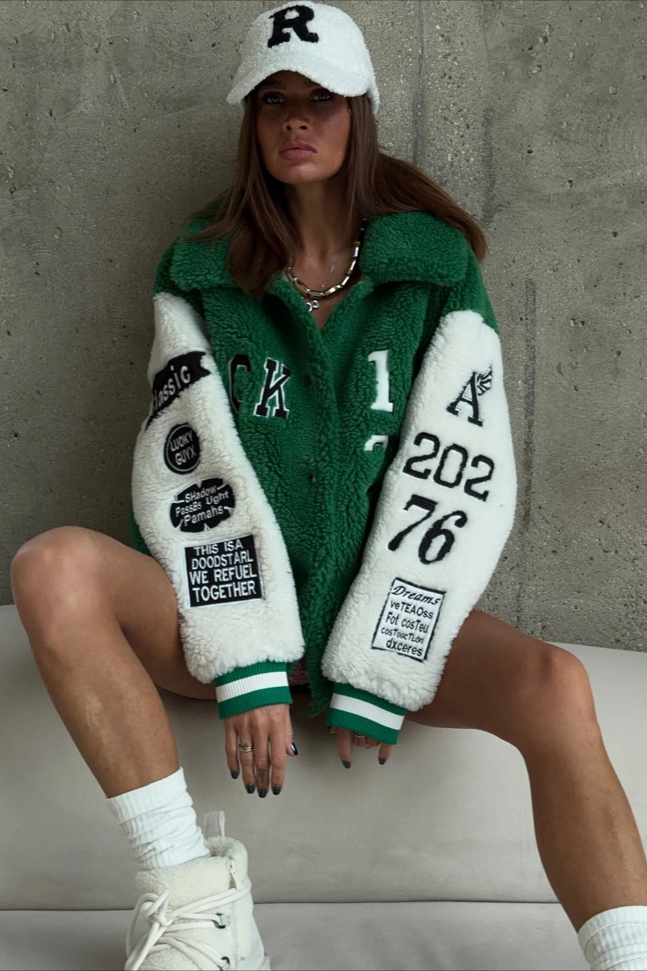 Chic Color Block Sherpa Letter Lapel Coat - Image 4