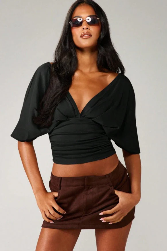 Chic Deep V Neck Knot Front Ruched Crop T-shirt - Image 2