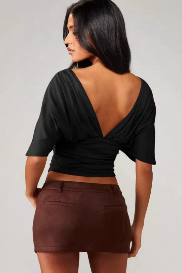 Chic Deep V Neck Knot Front Ruched Crop T-shirt - Image 3