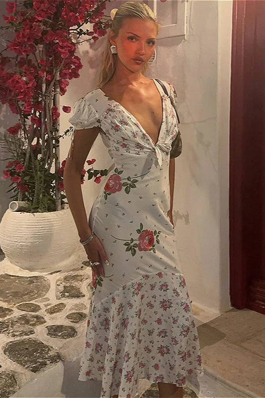Chic Deep V Short Sleeve Slim Floral Dress - Image 2