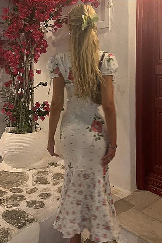 Chic Deep V Short Sleeve Slim Floral Dress - Image 3