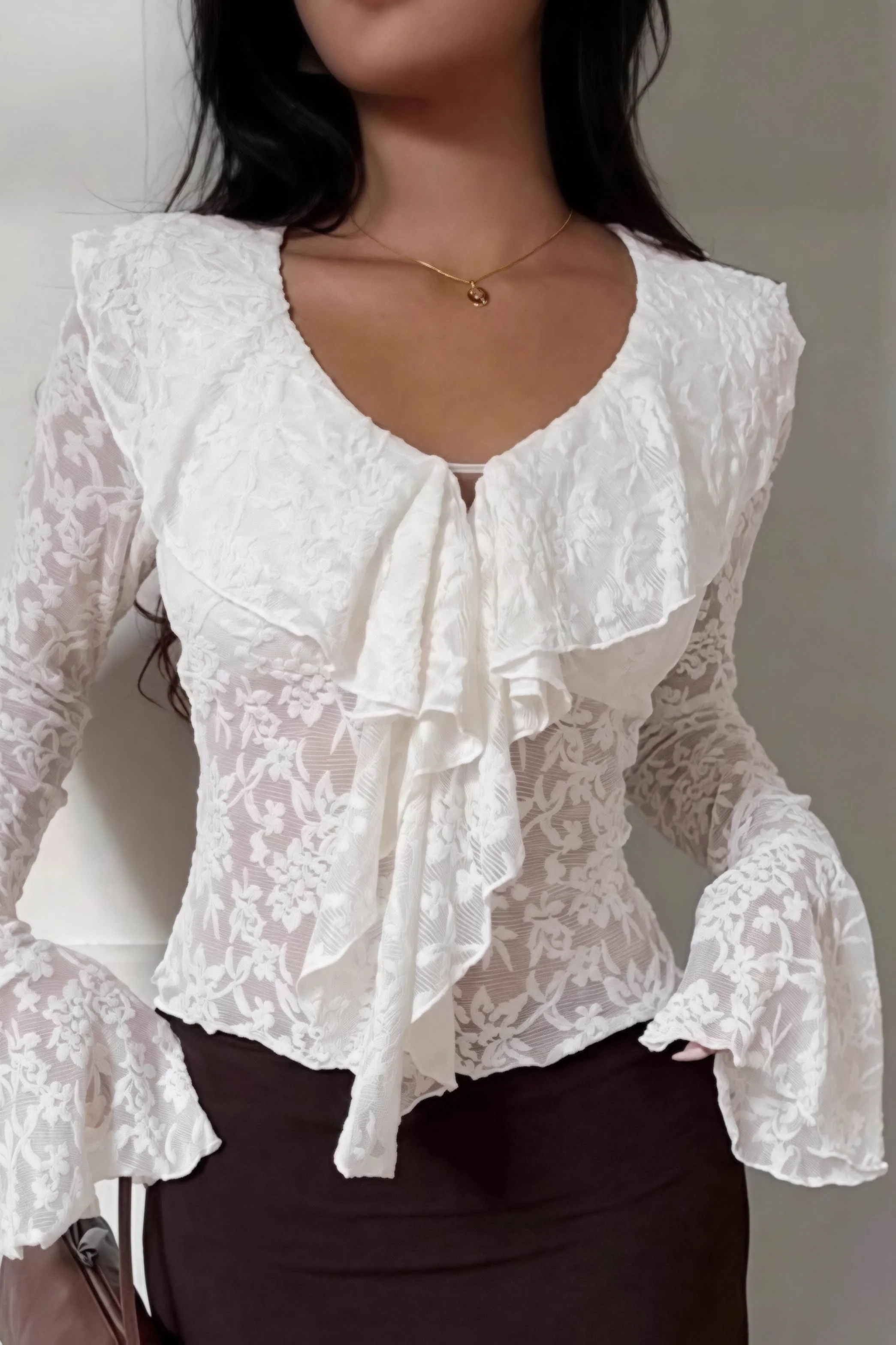 Chic Design White Lace Flare Sleeve Blouse - Image 2