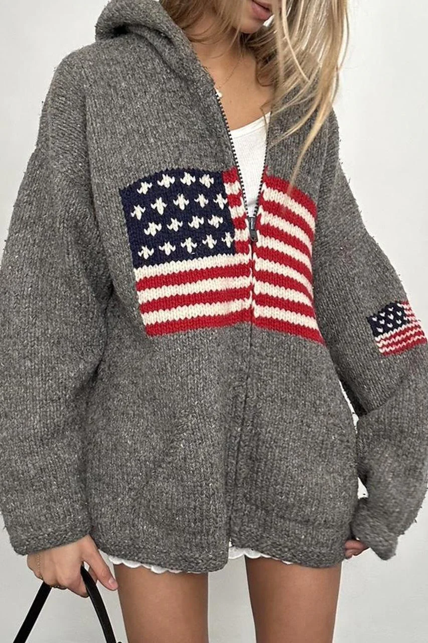 Chic Flag Graphic Knit Zippered Hoodie - Image 2