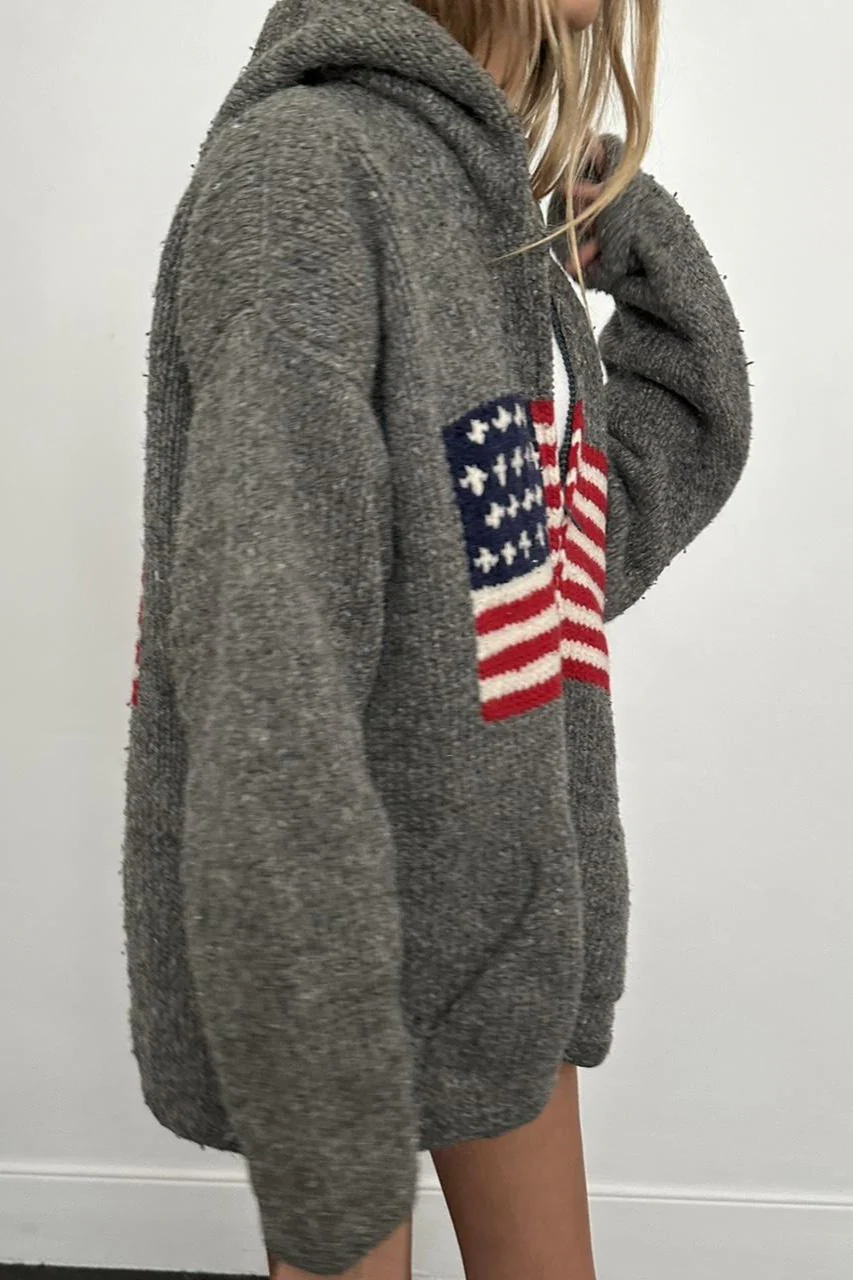 Chic Flag Graphic Knit Zippered Hoodie - Image 3