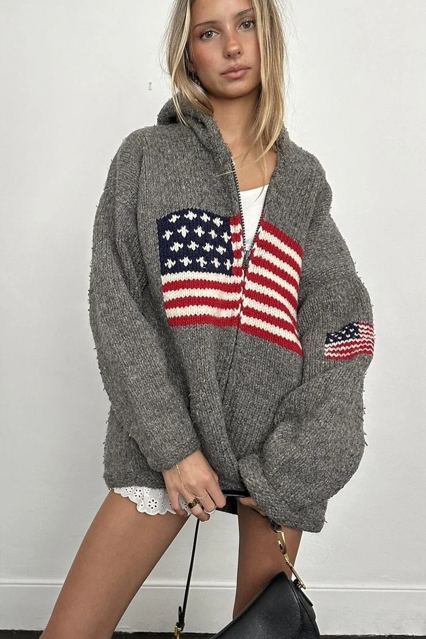 Chic Flag Graphic Knit Zippered Hoodie - Image 4