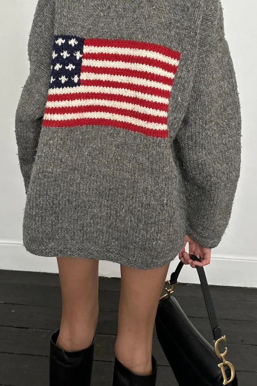Chic Flag Graphic Knit Zippered Hoodie - Image 5