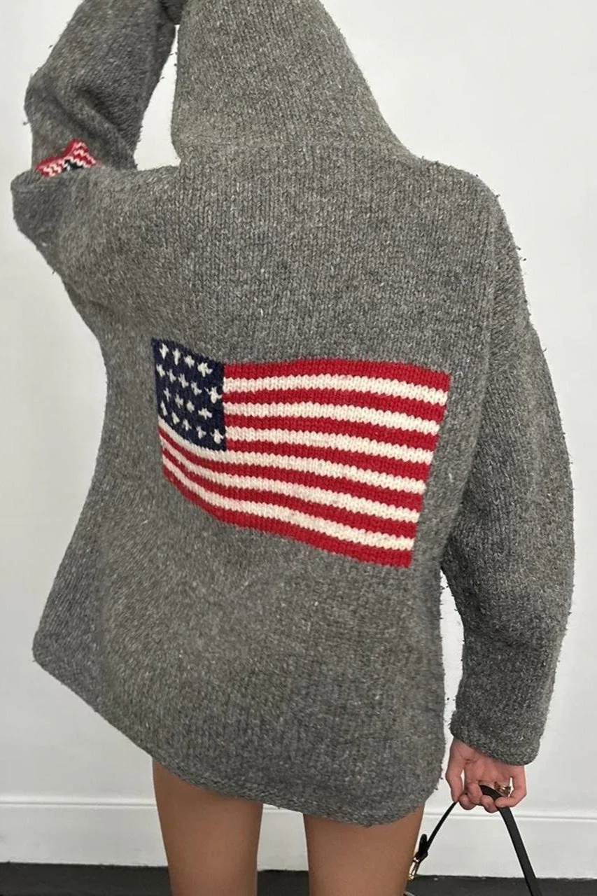 Chic Flag Graphic Knit Zippered Hoodie - Image 6