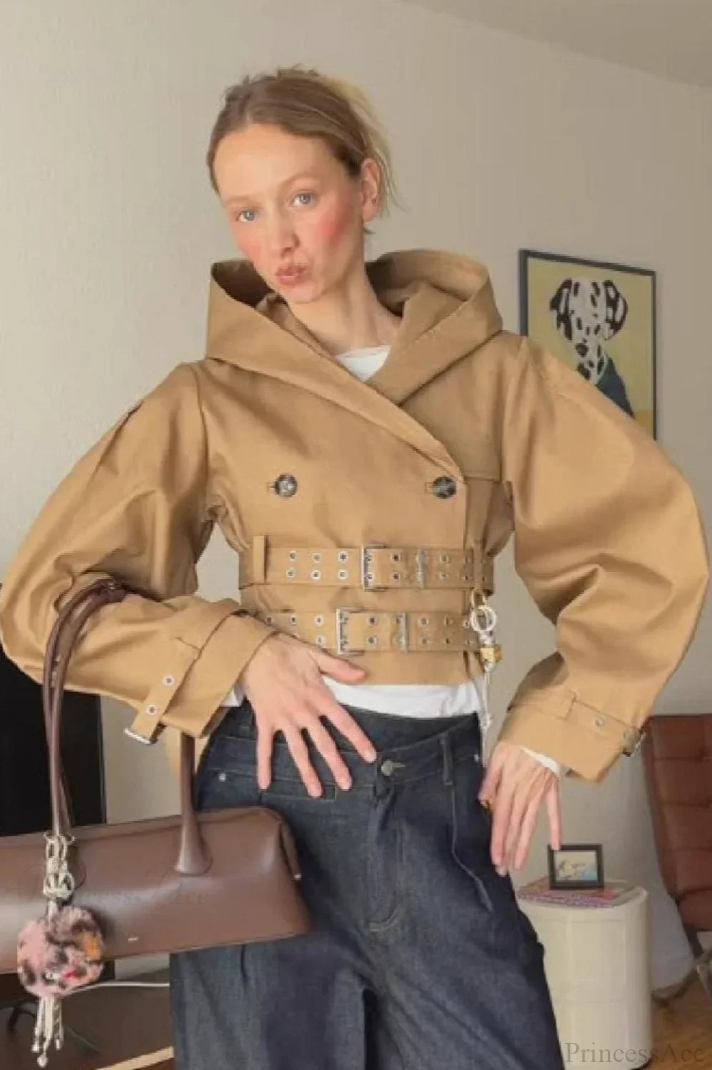 Chic Hooded Double Belted Cropped Coat - Image 3