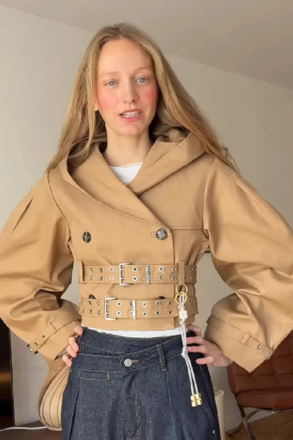 Chic Hooded Double Belted Cropped Coat - Image 4