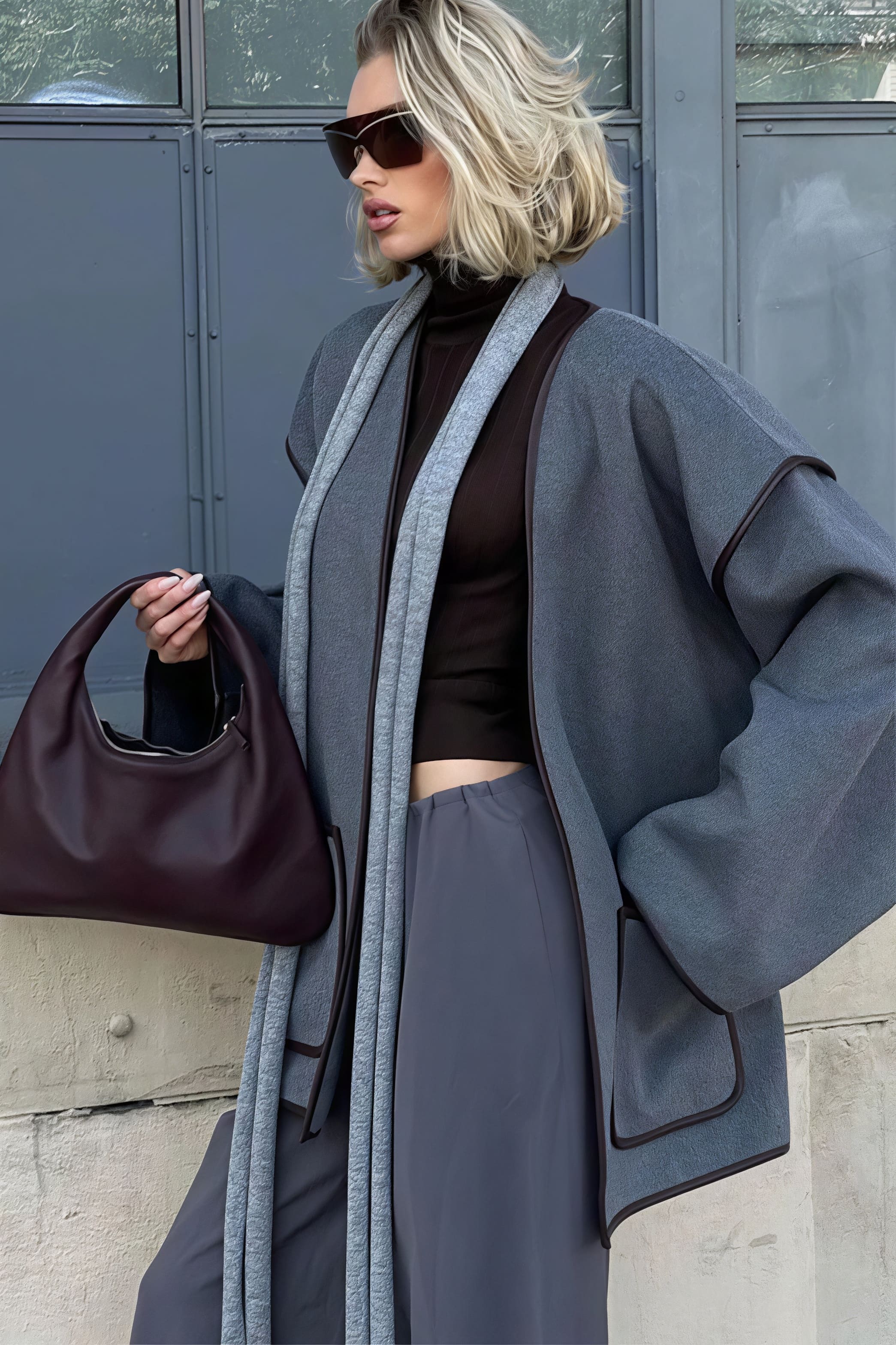 Chic Leather Pieced Two-tone Belted Coat - Image 2
