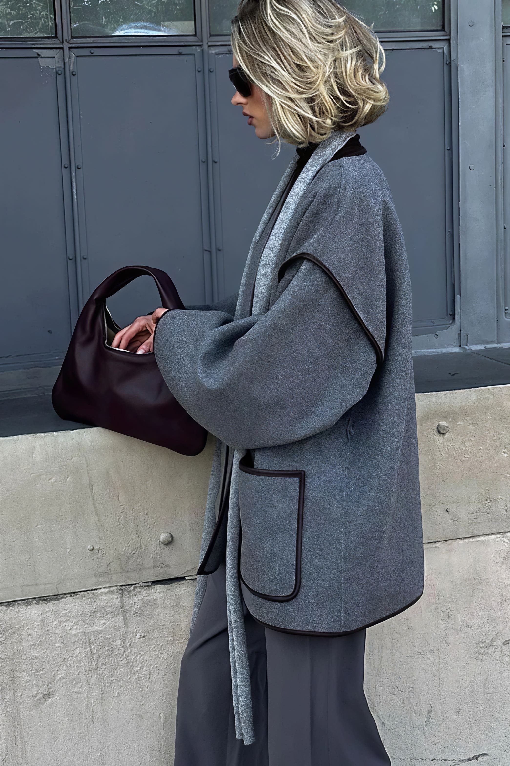 Chic Leather Pieced Two-tone Belted Coat - Image 3