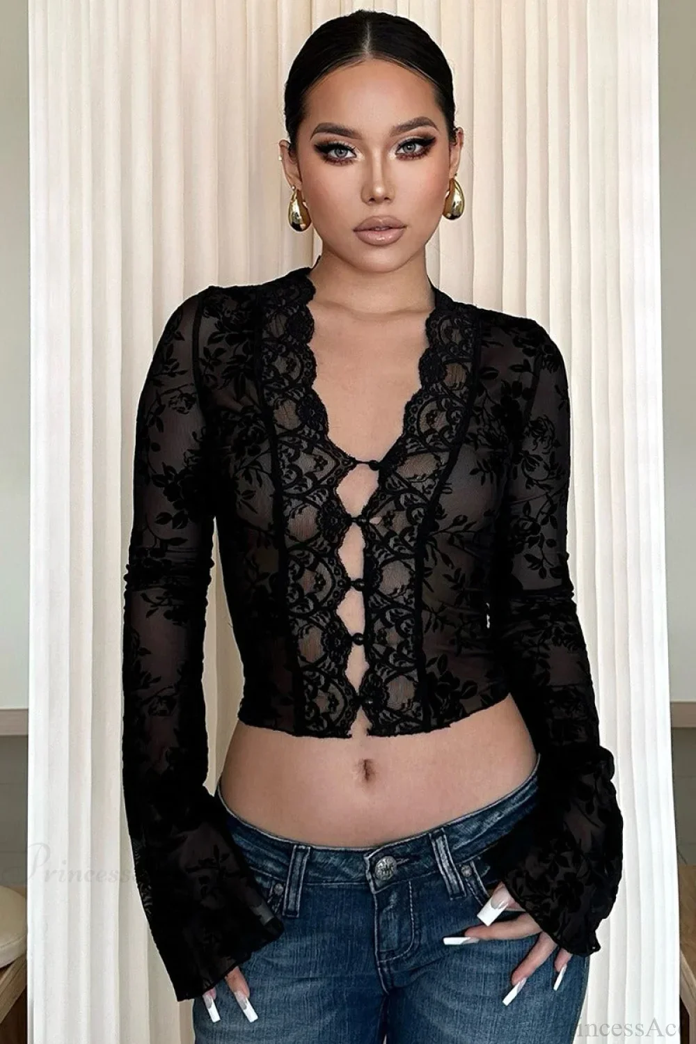 Chic Leopard Print Mesh Lace Trim Blouse - Image 5