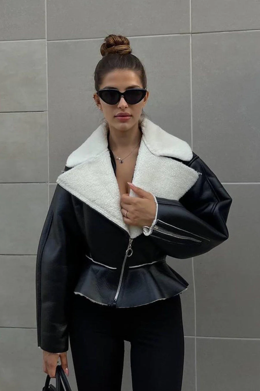 Chic Odd Zip Leather Fur Pieced Coat - Image 10