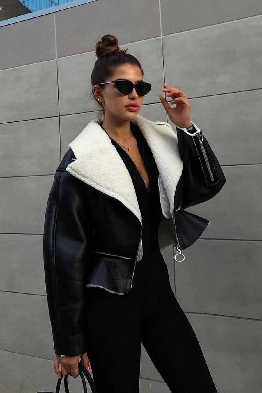 Chic Odd Zip Leather Fur Pieced Coat - Image 11