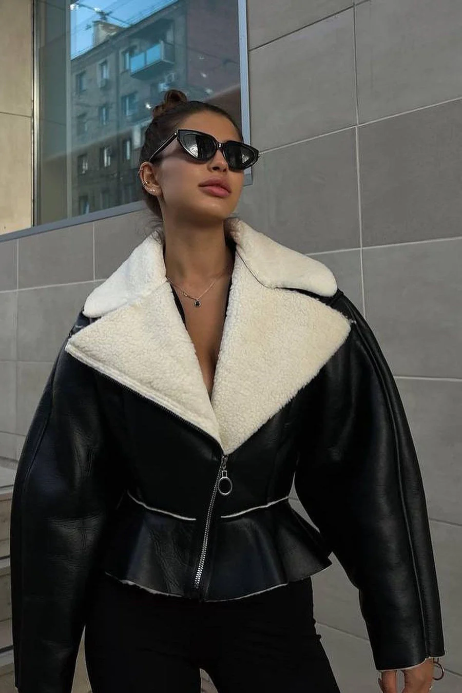 Chic Odd Zip Leather Fur Pieced Coat - Image 12