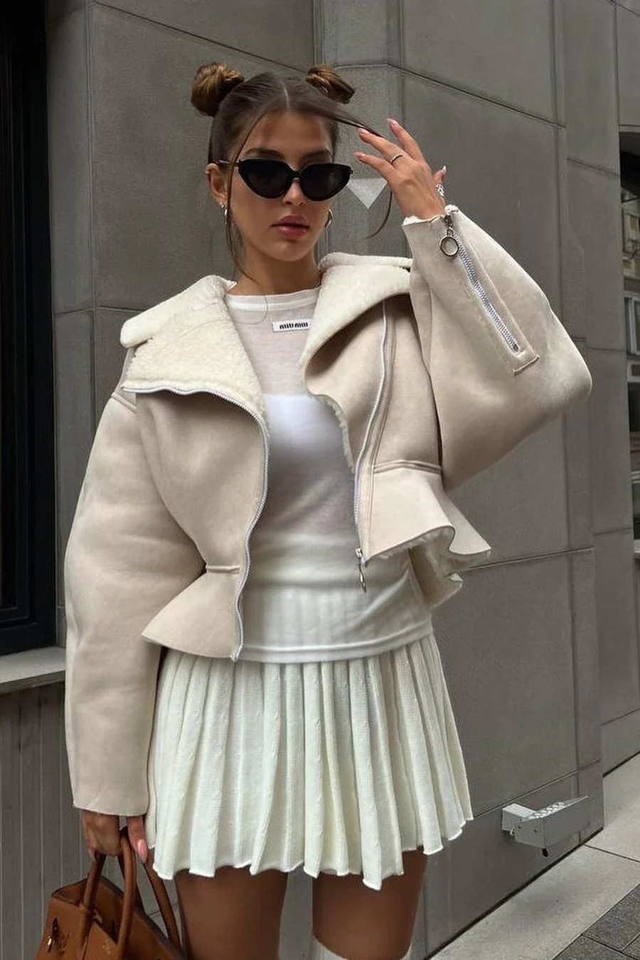 Chic Odd Zip Leather Fur Pieced Coat - Image 7