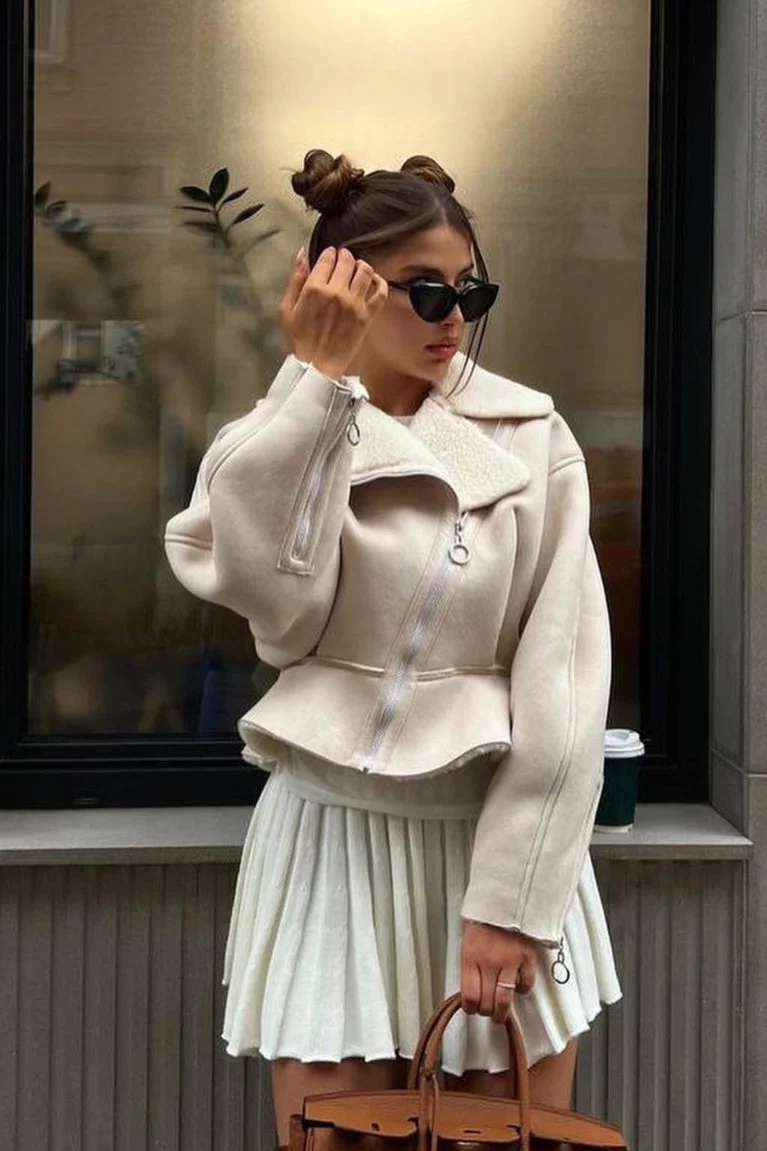 Chic Odd Zip Leather Fur Pieced Coat - Image 9
