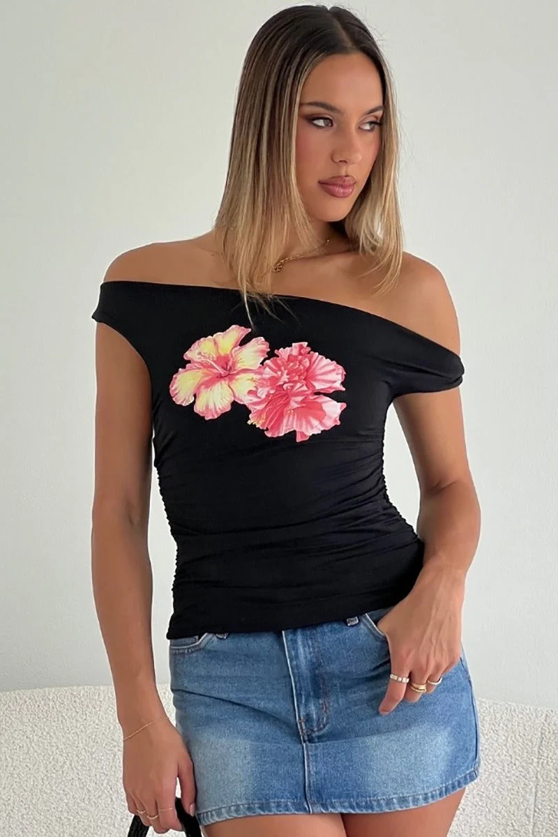 Chic Off Shoulder Floral Print Crop T-shirt - Image 3