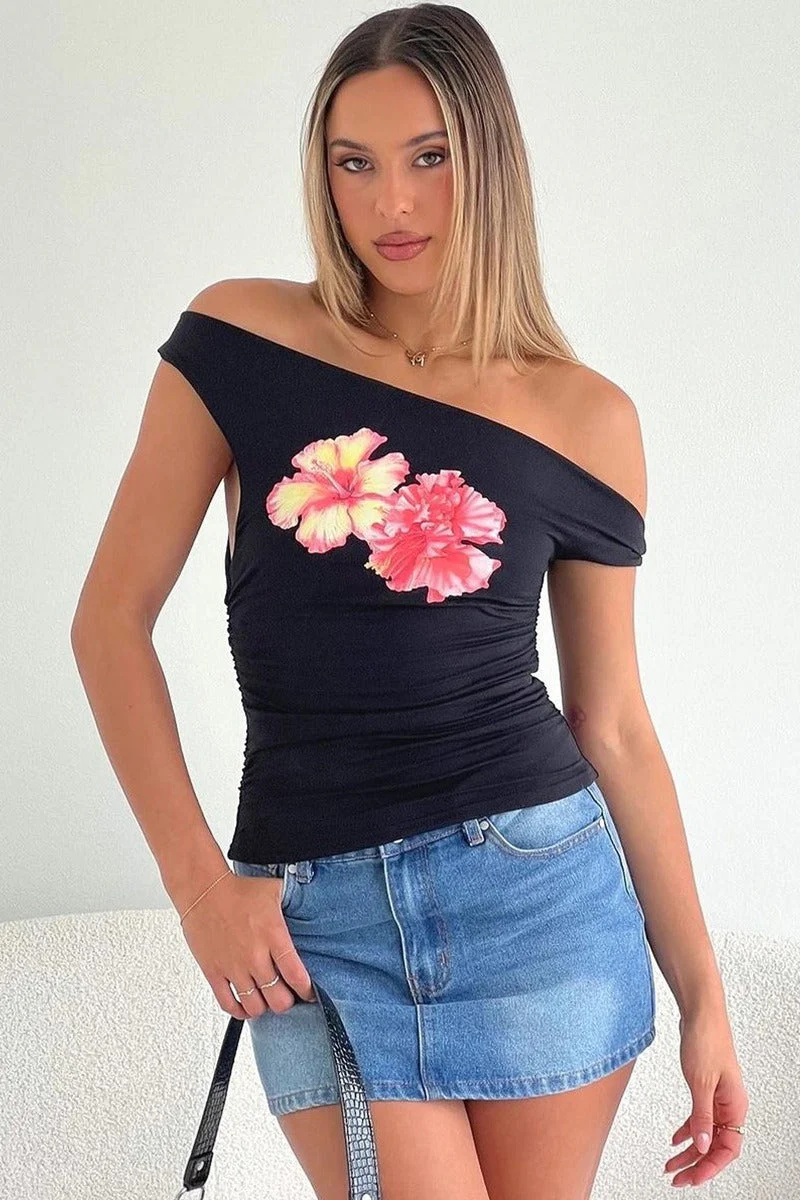 Chic Off Shoulder Floral Print Crop T-shirt - Image 4