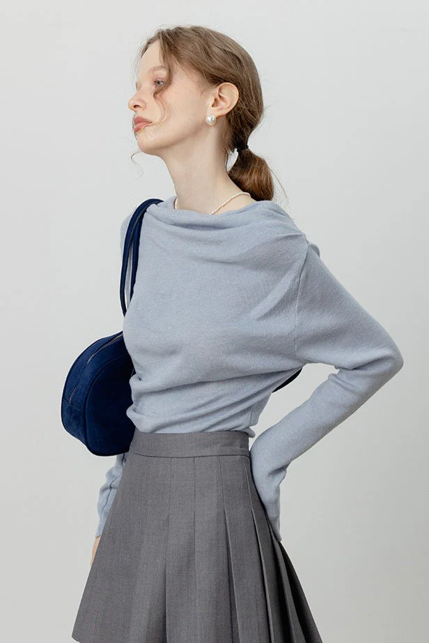 Chic Off Shoulder Tie Waist Cowl Neck Long Sleeve Tee - Image 3