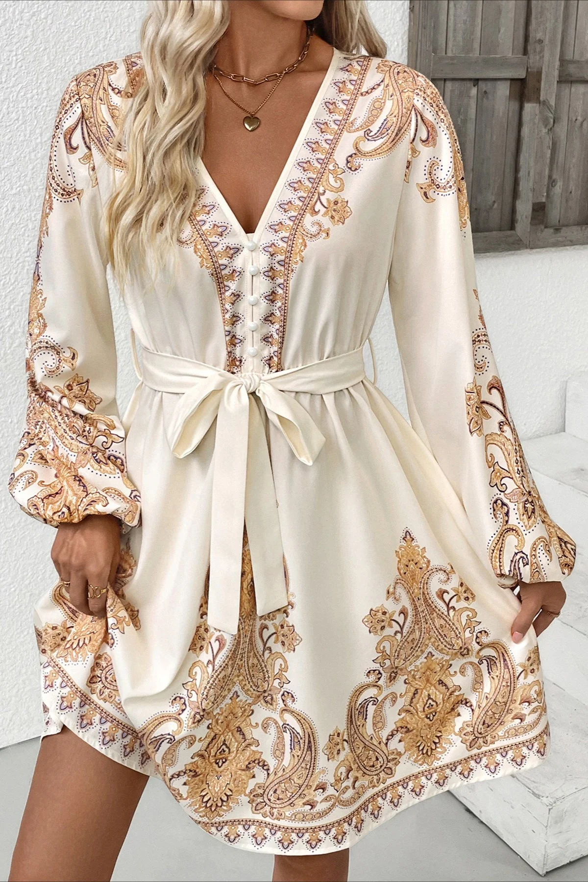 Chic Paisley Print V Neck Ethnic Mini Dress