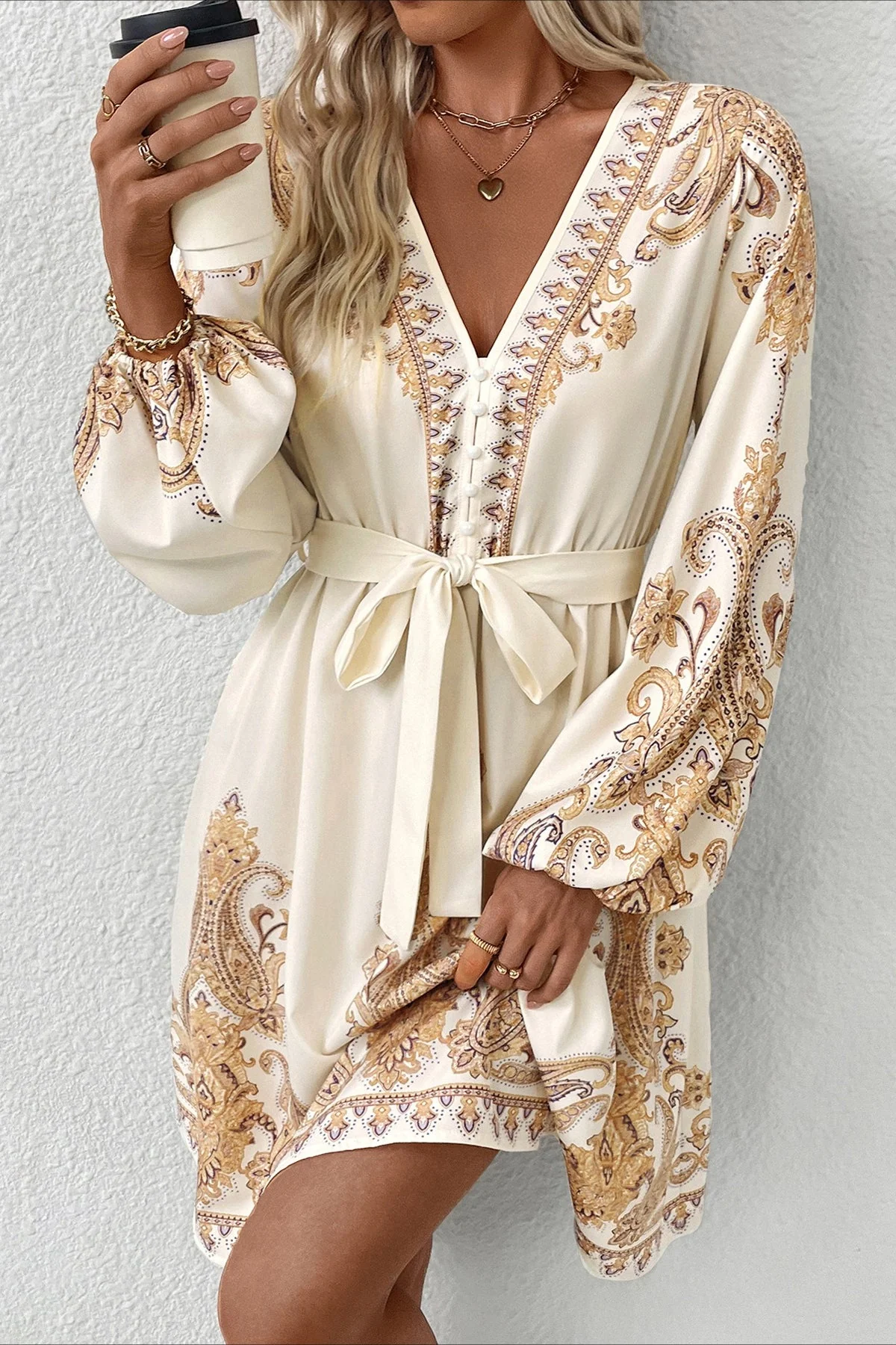 Chic Paisley Print V Neck Ethnic Mini Dress - Image 2